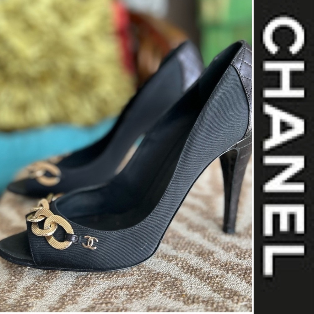 CHANEL black & gold detail chain heels peep toe leather shoes - Picture 1 of 16